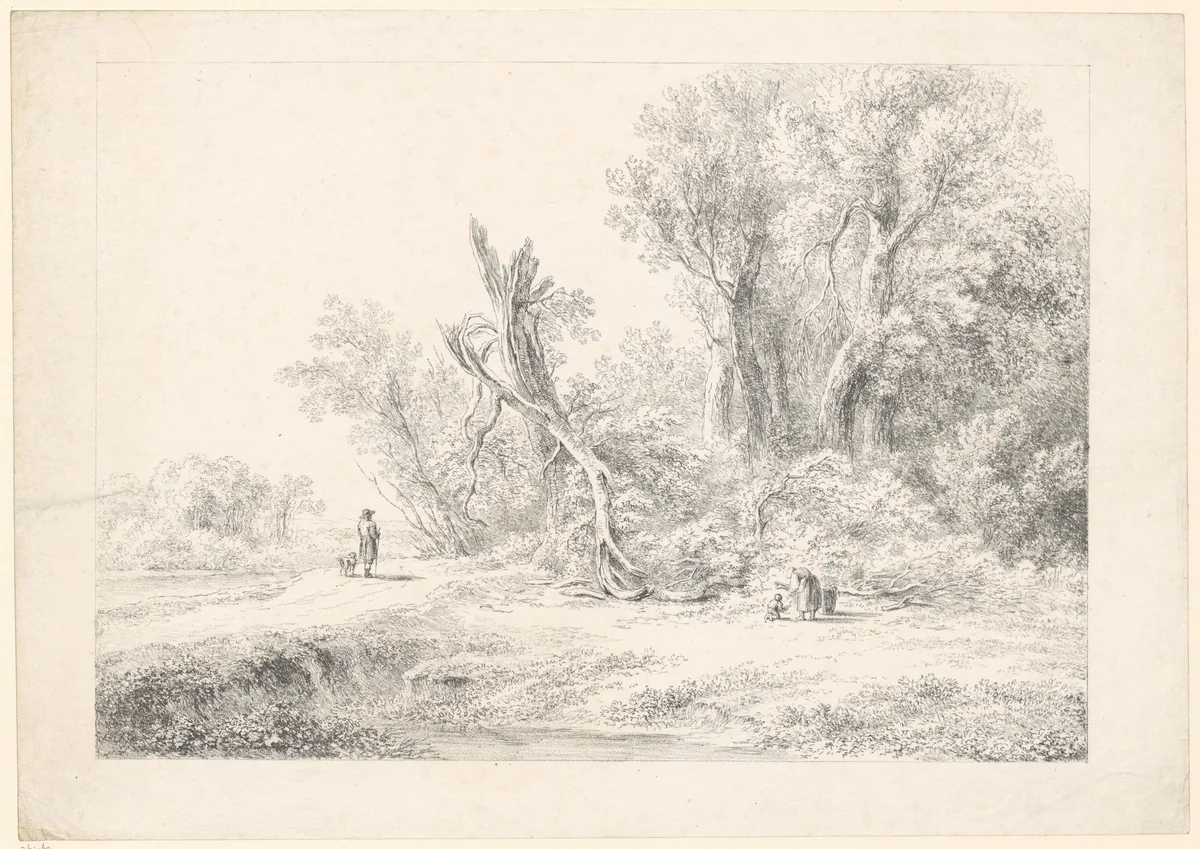 Landschap met wandelaar en een vrouw met kind by Joseph Mössmer, print, 1818-1821
