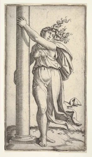 A young woman personifying Force or Strength holding a column by Marcantonio Raimondi, print, 1505-1515