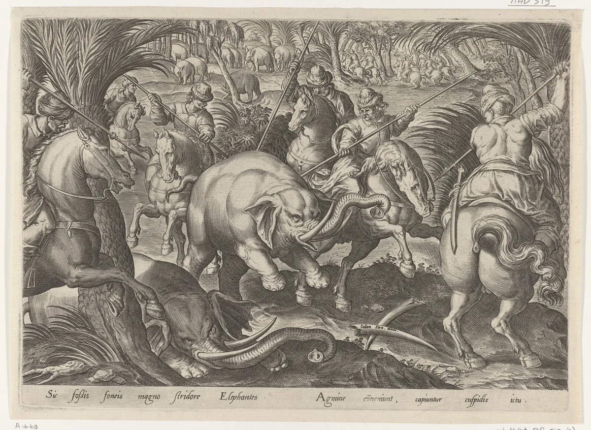 Jacht op olifanten by Philips Galle, print, 1578