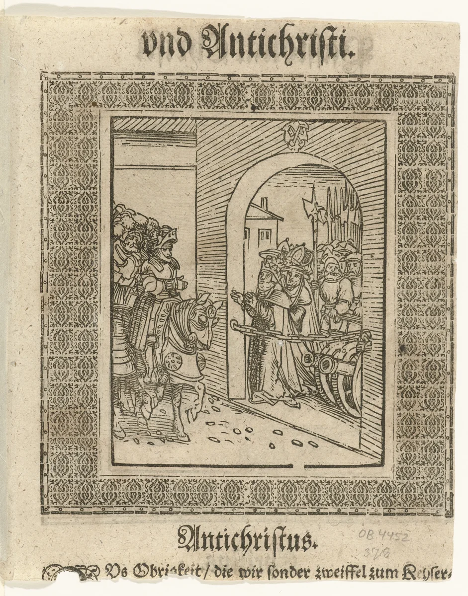 De paus doet zijn superioriteit over de keizer gelden en verspert hem de weg tot de stad by Lucas Cranach, print, 1521-1522
