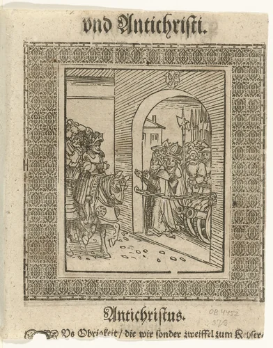 De paus doet zijn superioriteit over de keizer gelden en verspert hem de weg tot de stad by Lucas Cranach, print, 1521-1522