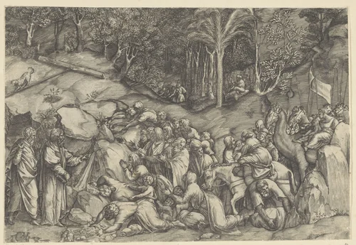 Mozes slaat water uit de rots by Michele Greco, print, 1534-1609