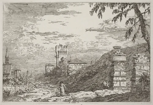 Landscape with Tower and Two Ruined Pillars [left] by Canaletto, print, 1735-1746