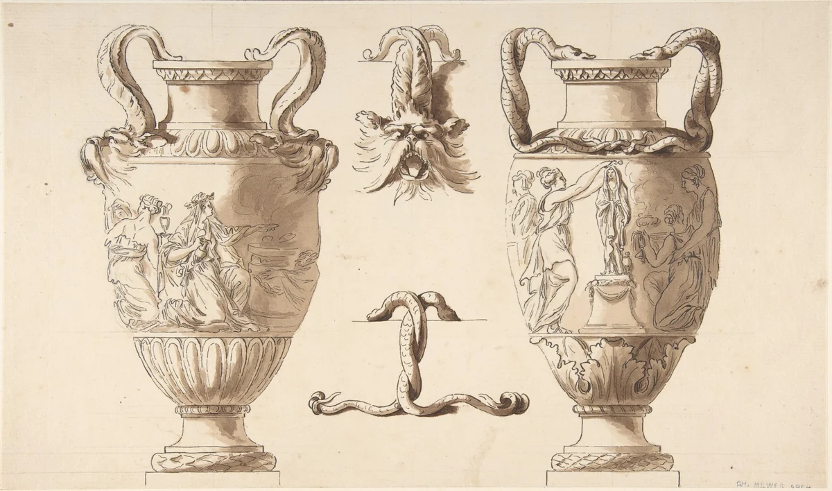 Designs for Two Urns by Etienne de Lavallée-Poussin, drawing, 1735-1802