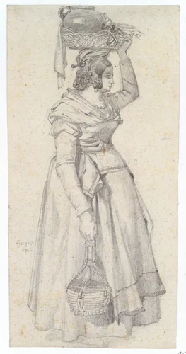 Italian Peasant Woman with Basket on her Head by Northern European, drawing, 1820-1840