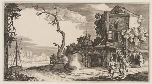 Square Tower Used as Inn Near a River, from Landscapes (Playsante Lantschappen) by Claes Jansz. Visscher II, print, 1641