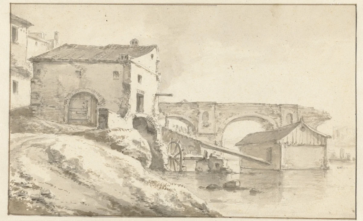 Watermolen bij een ingestorte brug by Pieter Mulier, drawing, 1647-1701