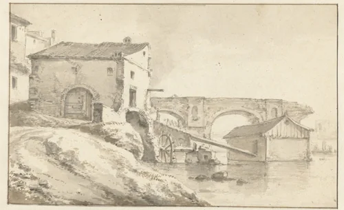 Watermolen bij een ingestorte brug by Pieter Mulier, drawing, 1647-1701