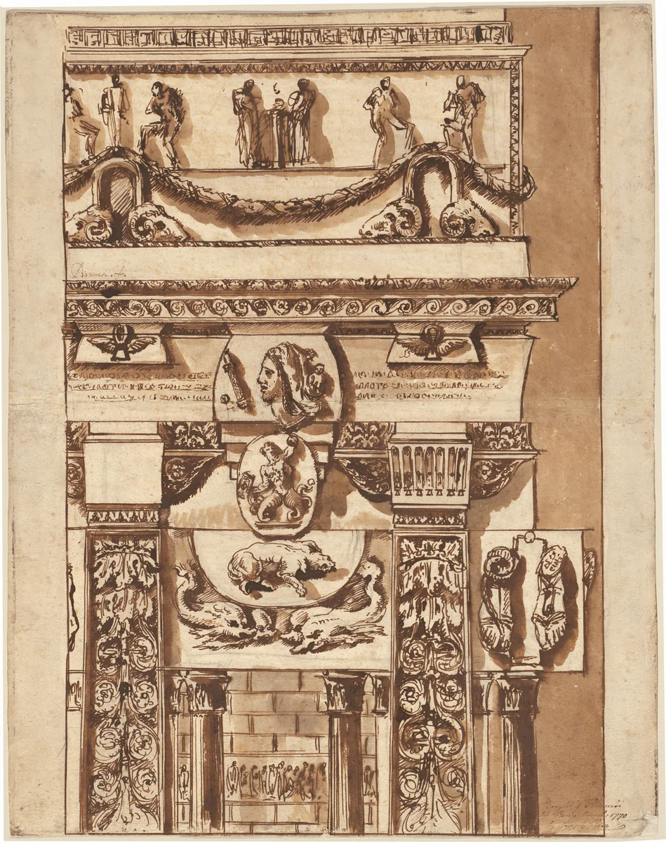 Fantasy of a Façade with Bizarre Ornaments by Giovanni Battista Piranesi, drawing, 1764-1766