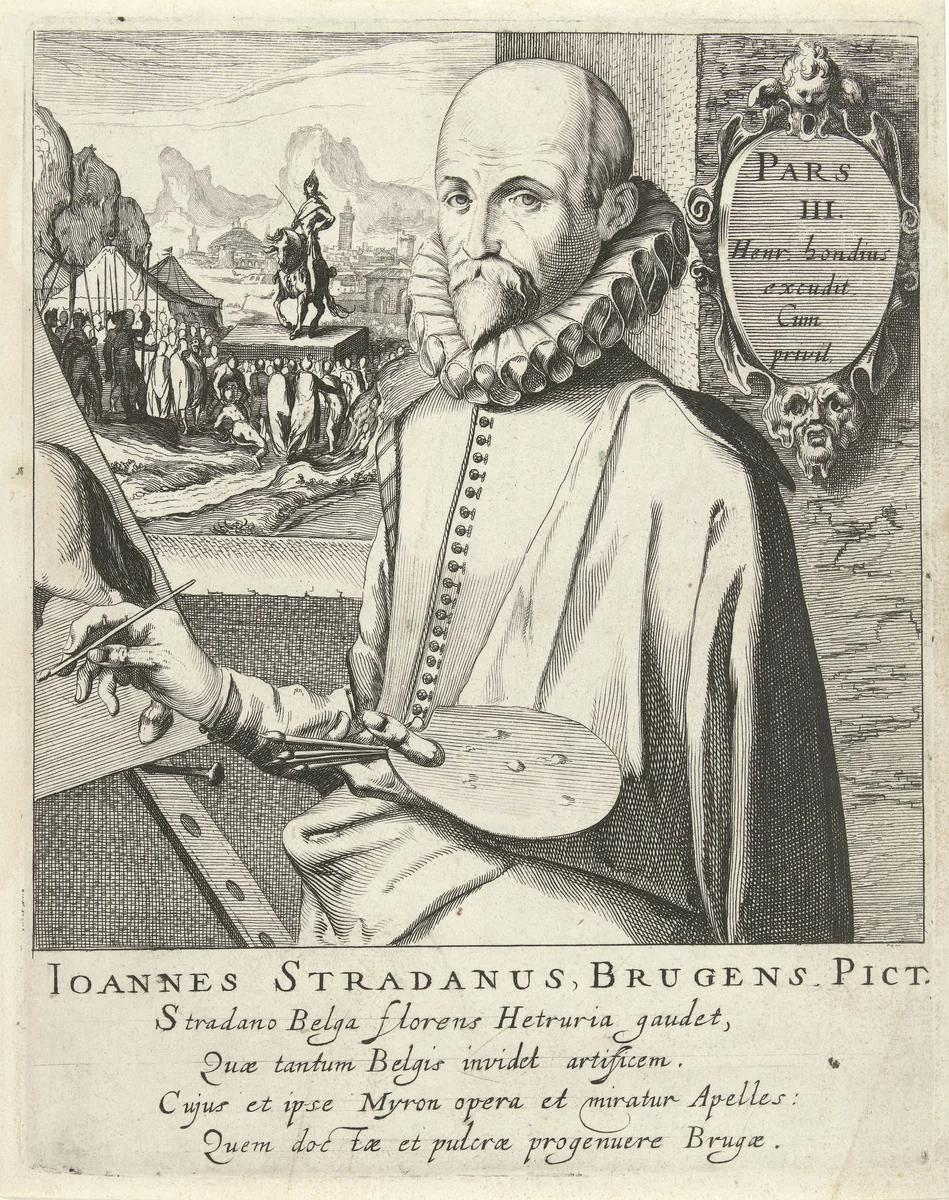 Portret van Jan van der Straet by Simon Frisius, print, 1610