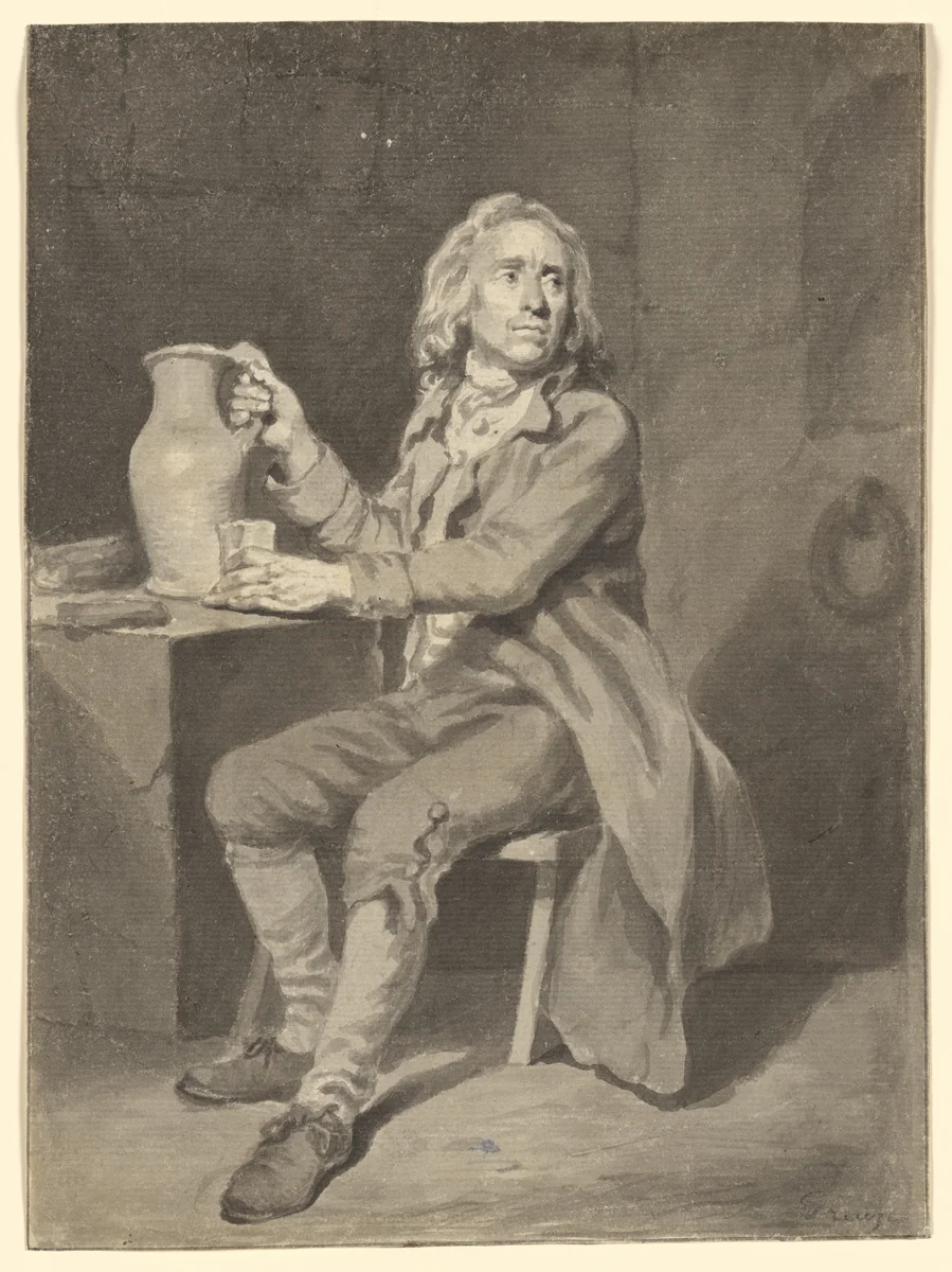 Seated Man with a Pitcher and a Glass by Jean Jacques de Boissieu, drawing, 1756-1810