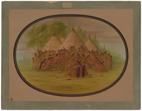 Pipe Dance - Assinneboine by George Catlin, painting, 1861-1869