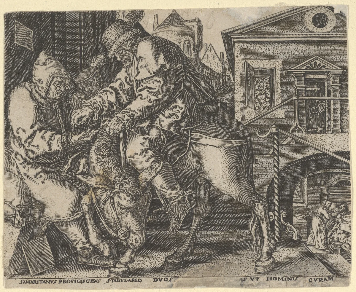Copy of The Good Samaritan Paying the Innkeeper for the Care of the Wounded Man by Heinrich Aldegrever, print, 1554-1600