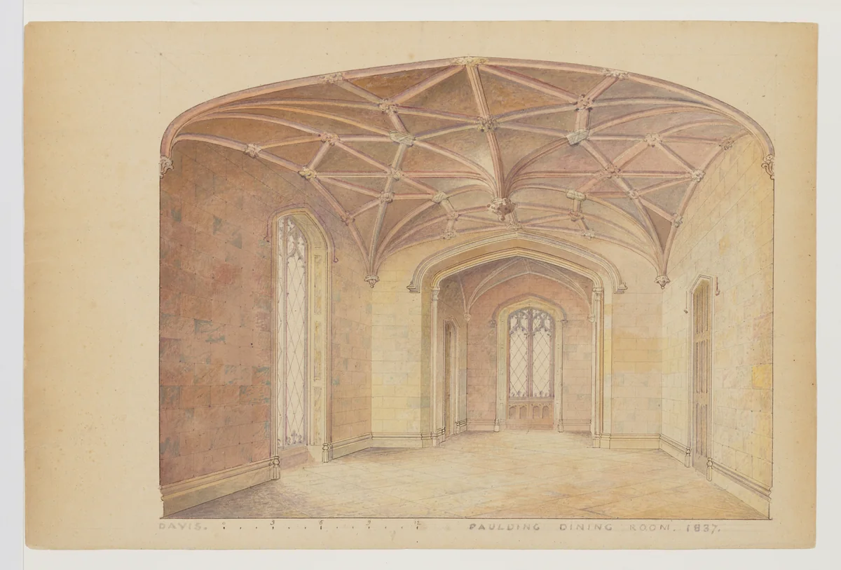 Presentation Drawing of a Dining Room in the English Perpendicular Style, for Knoll (now Lyndhurst), Tarrytown NY by Alexander Jackson Davis, drawing, 1837