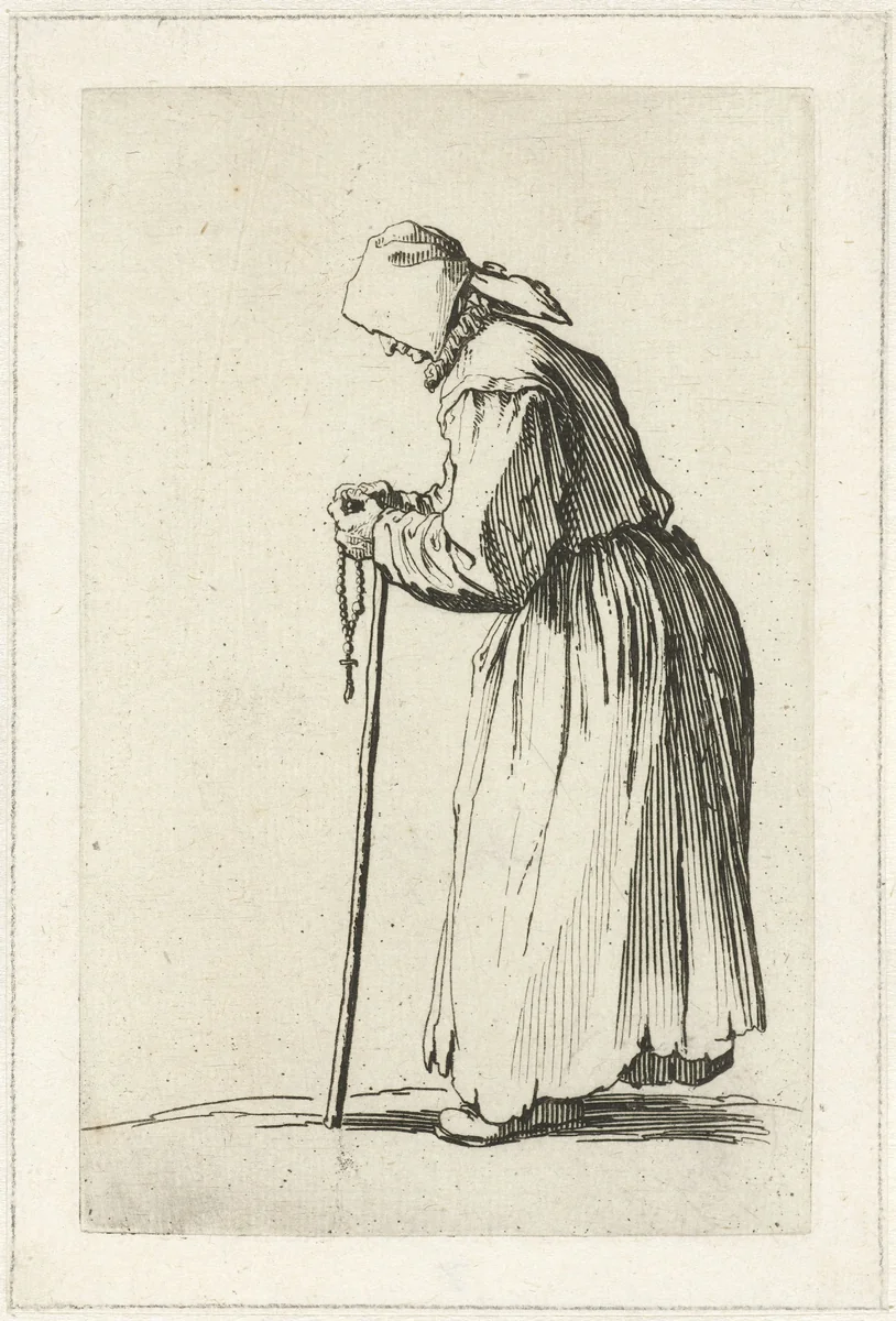 Bedelares met een rozenkrans en een stok by Jacques Callot, print, 1622-1623