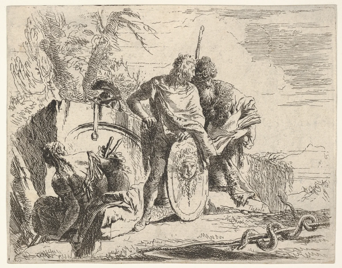 Three figures and a snake coiled around a staff, surrounded by a landscape, the central figure rests his left hand on a shield and leans toward a bearded figure holding a book, from "The Capricci" by Giovanni Battista Tiepolo, print, 1705-1770
