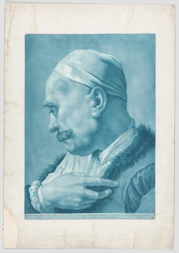 Imaginary portrait head of a man wearing a cap and fur-trimmed coat; from the series of 22 imaginary portrait heads after Giovanni Battista Piazzetta by Johann Lorenz Haid, print, 1725-1755