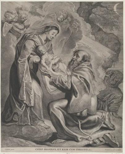 The Vision of Saint Francis, kneeling at right, receiving the Christ child from the Virgin Mary by Cornelis Visscher, print, 1650