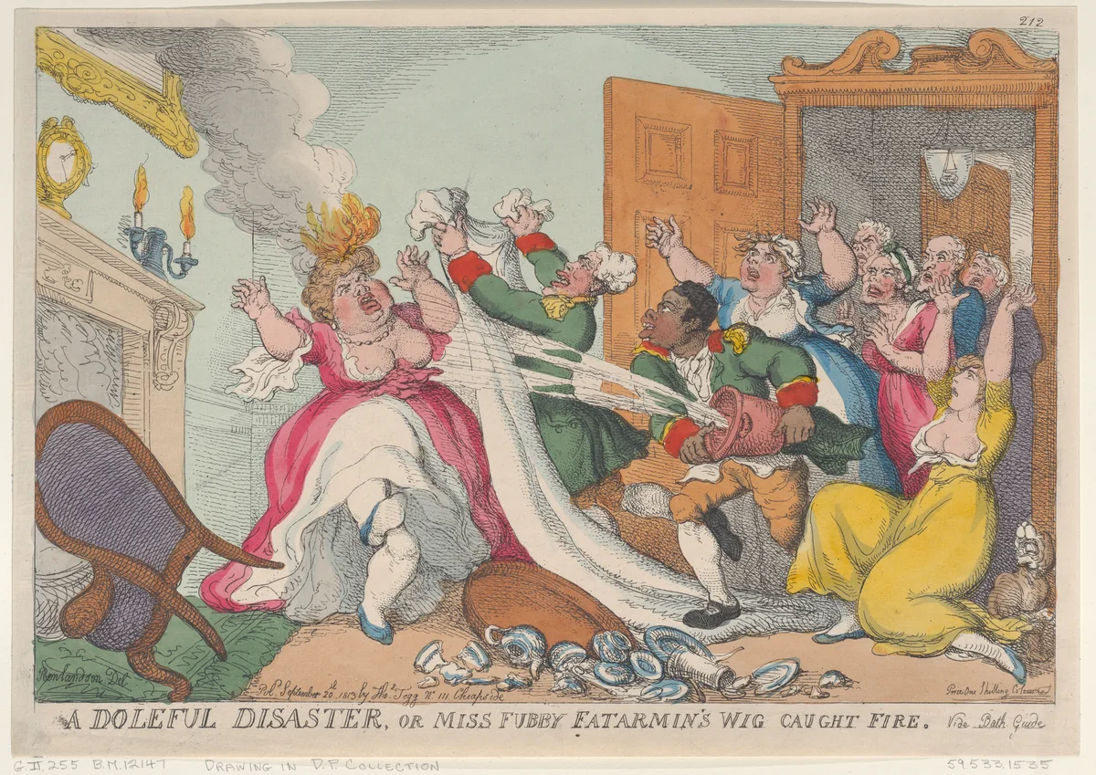 A Doleful Disaster, or Miss Fubby Fatarmin's Wig Caught Fire by Thomas Rowlandson, print, 1813