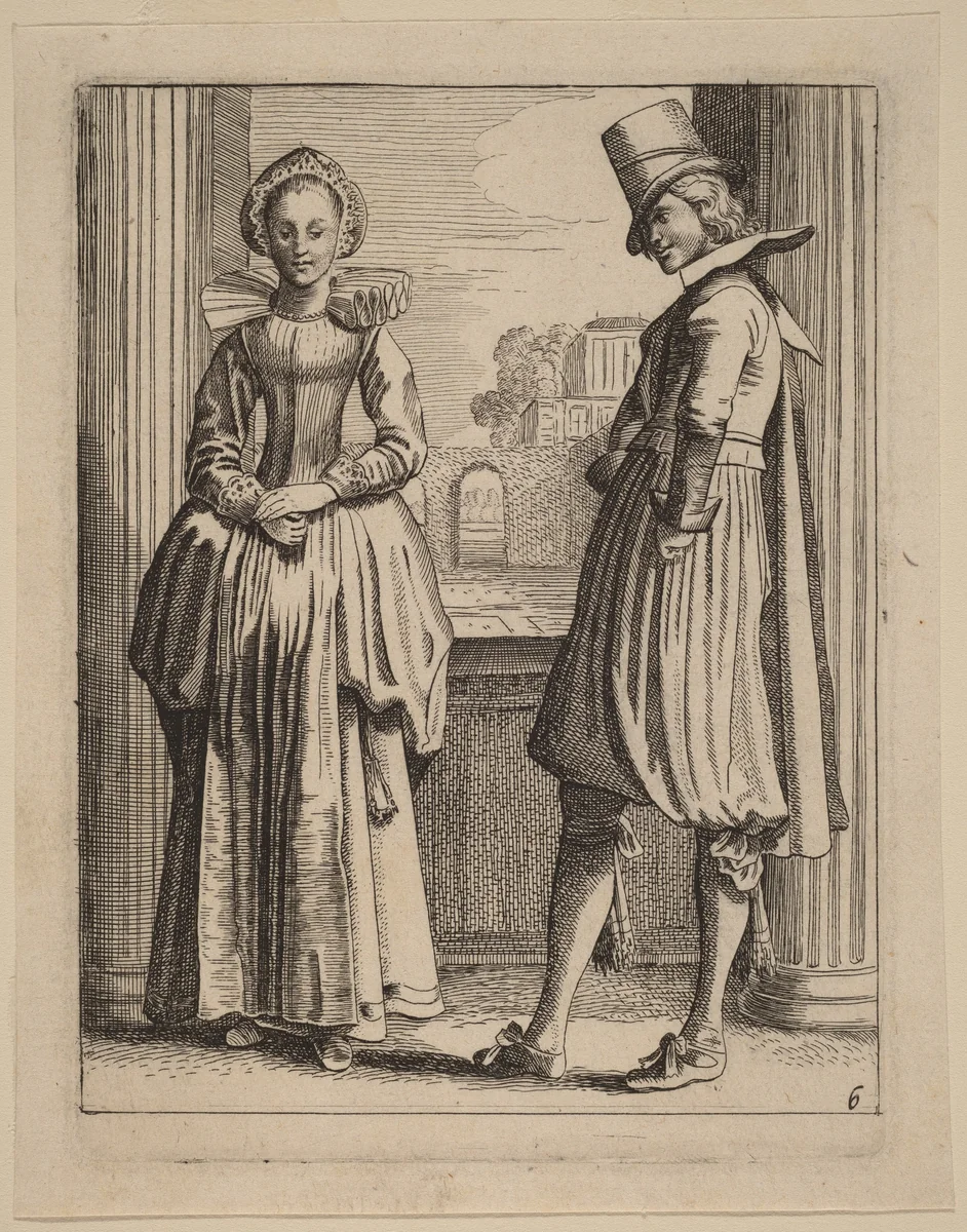 Two Figures in Costume by Jan van de Velde Claes Jansz Visscher, print, 1593-1641