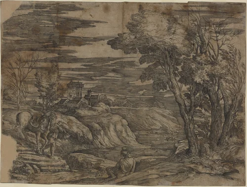 Landscape with a Man Leading a Horse by Battista Franco, print, 1500-1599