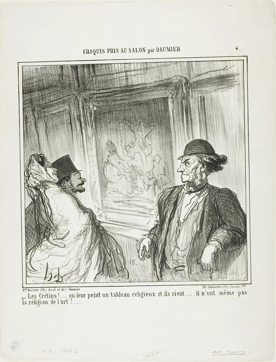 “What idiots! You paint a religious picture for them and they laugh.... they don't even have a devotion to art!...,” plate 4 from Croquis Pris Au Salon par Daumier by Honoré-Victorin Daumier, print, 1865