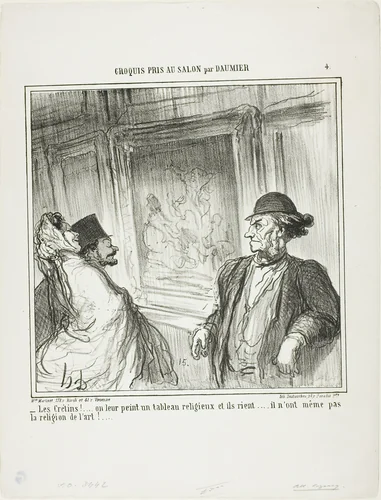 “What idiots! You paint a religious picture for them and they laugh.... they don't even have a devotion to art!...,” plate 4 from Croquis Pris Au Salon par Daumier by Honoré-Victorin Daumier, print, 1865
