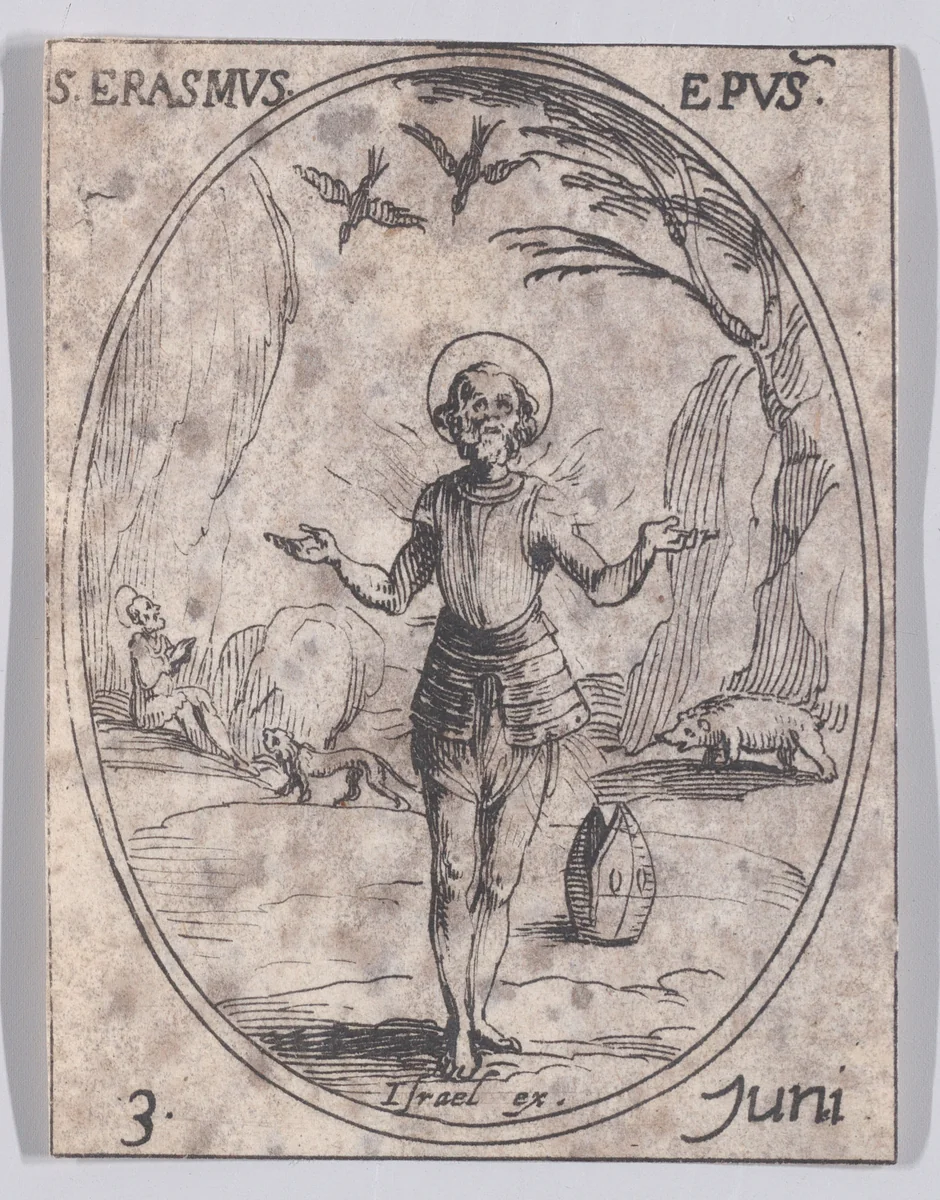 S. Erasme, évêque (St. Erasmus, Bishop), June 3rd, from "Les Images De Tous Les Saincts et Saintes de L'Année" (Images of All of the Saints and Religious Events of the Year) by Jacques Callot, print, 1636