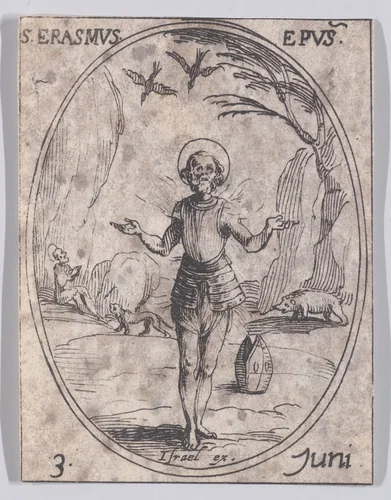 S. Erasme, évêque (St. Erasmus, Bishop), June 3rd, from "Les Images De Tous Les Saincts et Saintes de L'Année" (Images of All of the Saints and Religious Events of the Year) by Jacques Callot, print, 1636