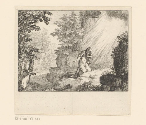 Maria Magdalena biddend in de wildernis by Sébastien Leclerc, print, 1647-1714