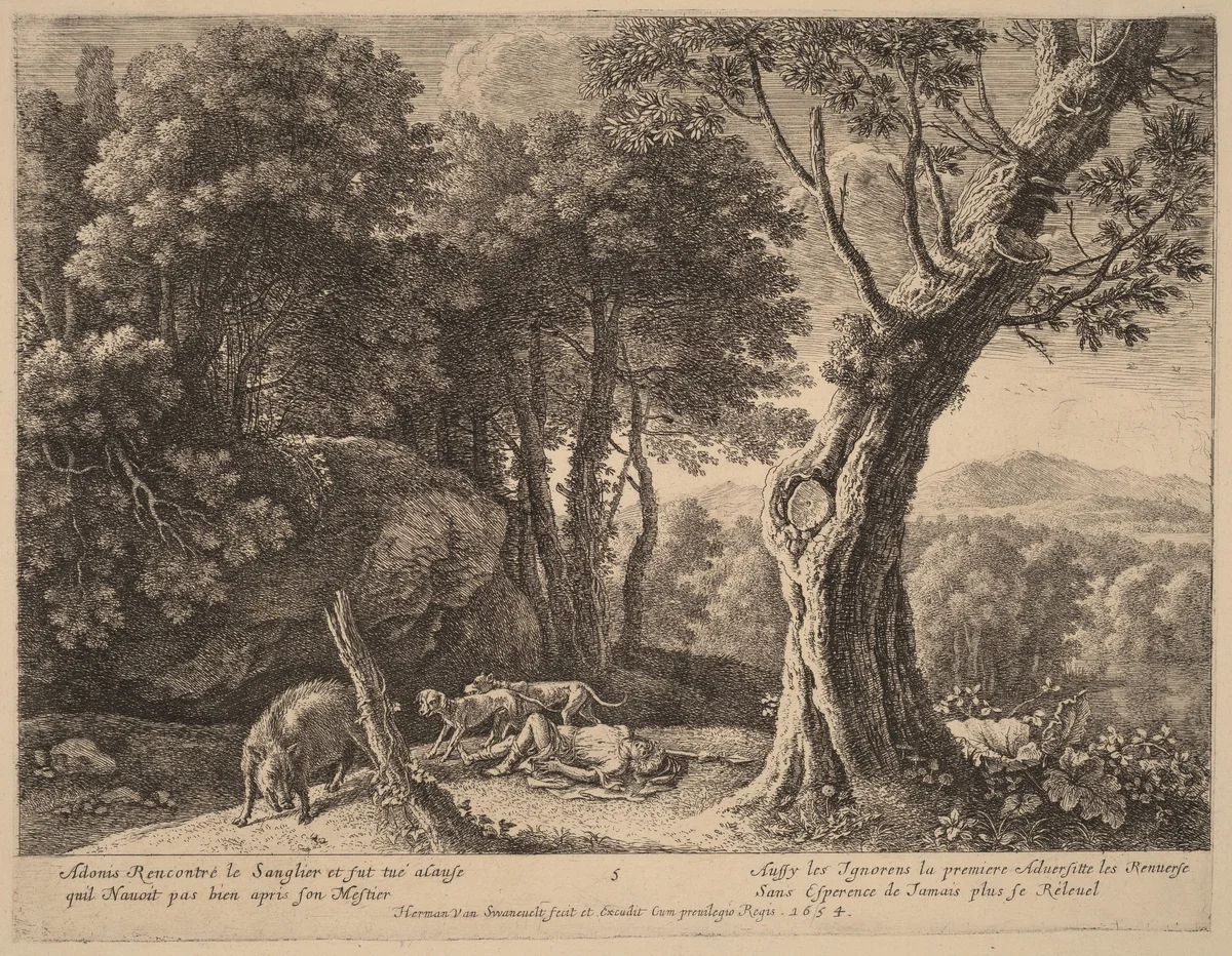 Death of Adonis by Herman van Swanevelt, print, 1600-1655