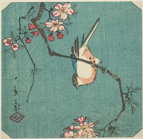 Bullfinch, section of an untitled harimaze print by Utagawa Hiroshige (歌川広重), print, 1840-1849