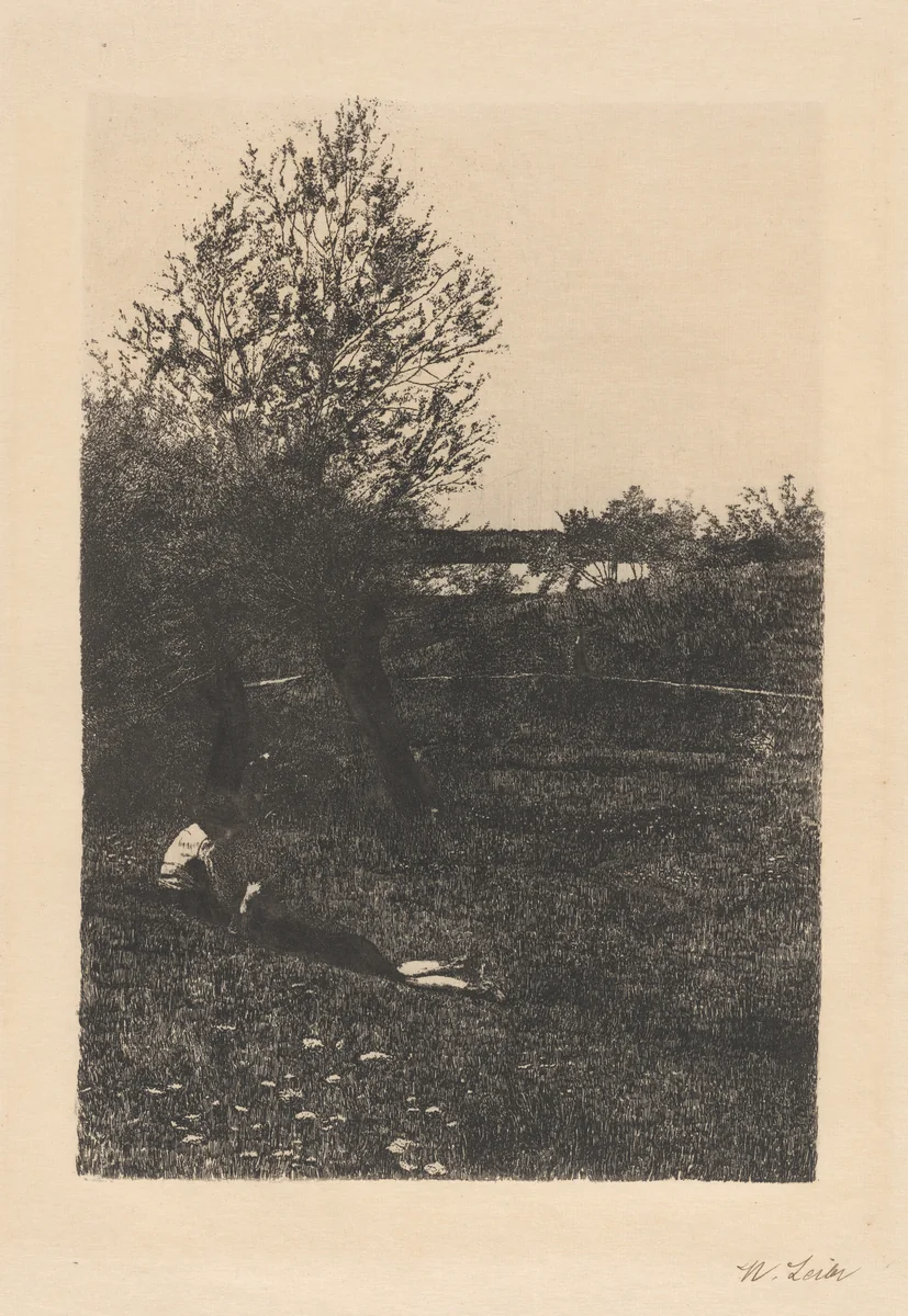 Landscape with Resting Children ("La Dolce far niente") by Wilhelm Leibl, print, 1870-1880