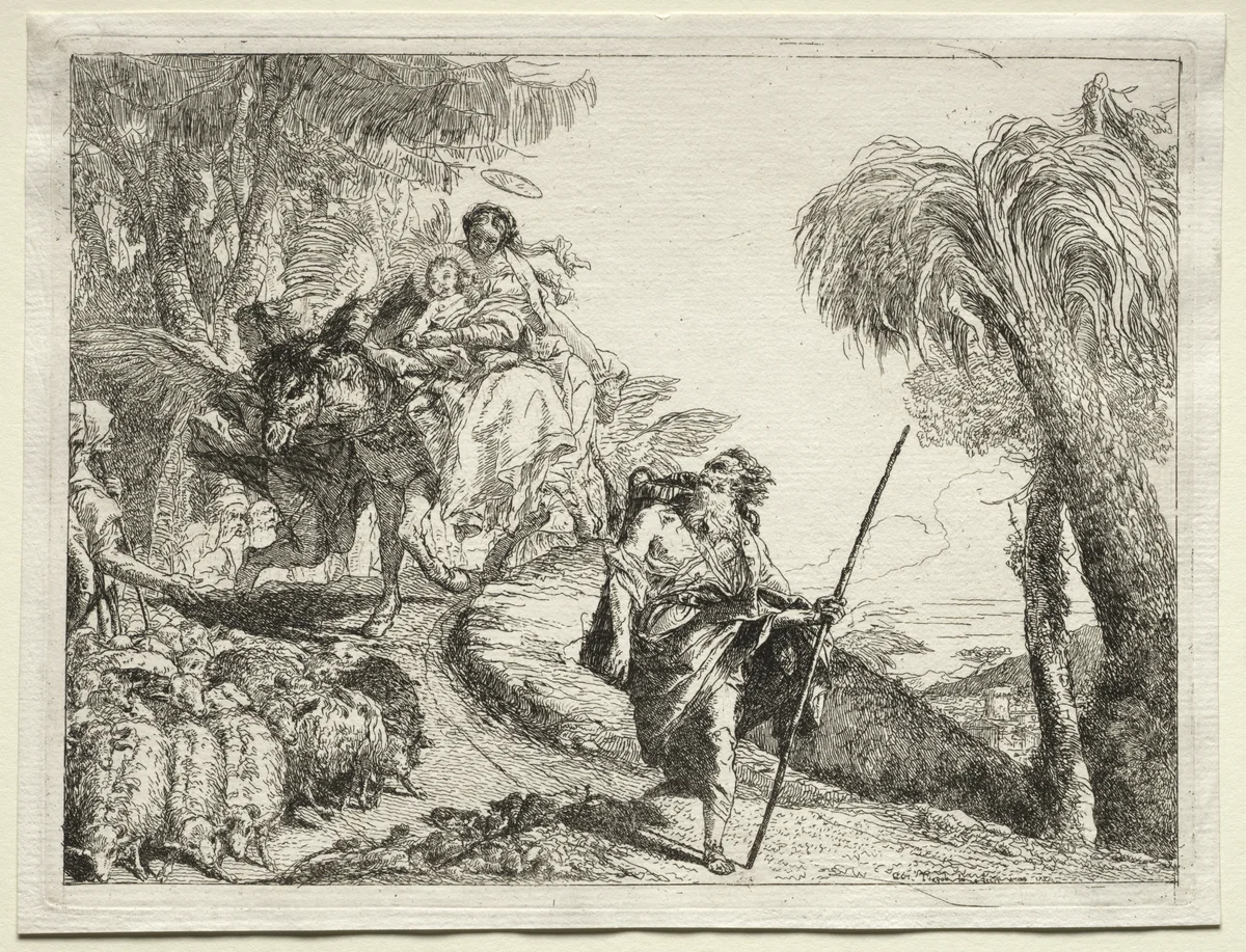 Flight into Egypt: The Holy Family and the Flock of Sheep by Giovanni Domenico Tiepolo, print, 1745-1758