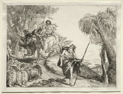 Flight into Egypt: The Holy Family and the Flock of Sheep by Giovanni Domenico Tiepolo, print, 1745-1758