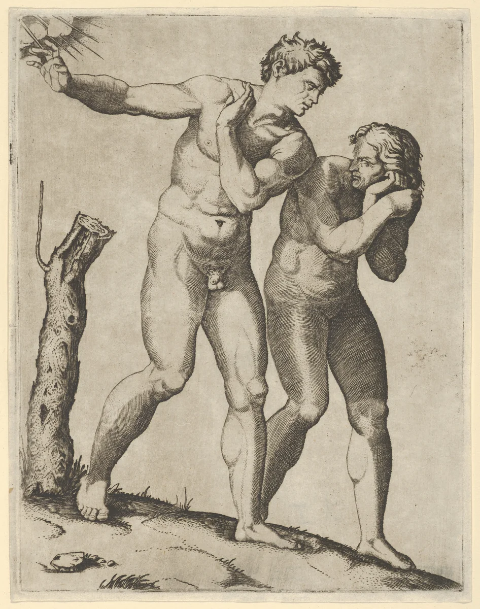 Adam and Eve being expelled from paradise by Marcantonio Raimondi, print, 1510-1520