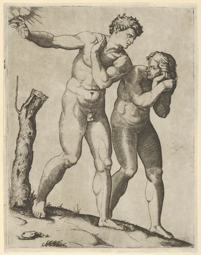 Adam and Eve being expelled from paradise by Marcantonio Raimondi, print, 1510-1520