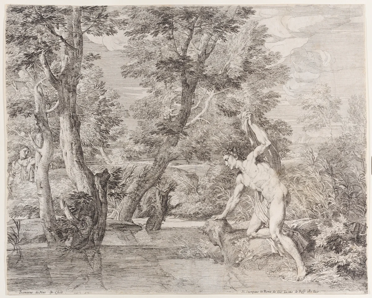 Narcissus and Echo by Frans van der Neve, print, 1620-1695
