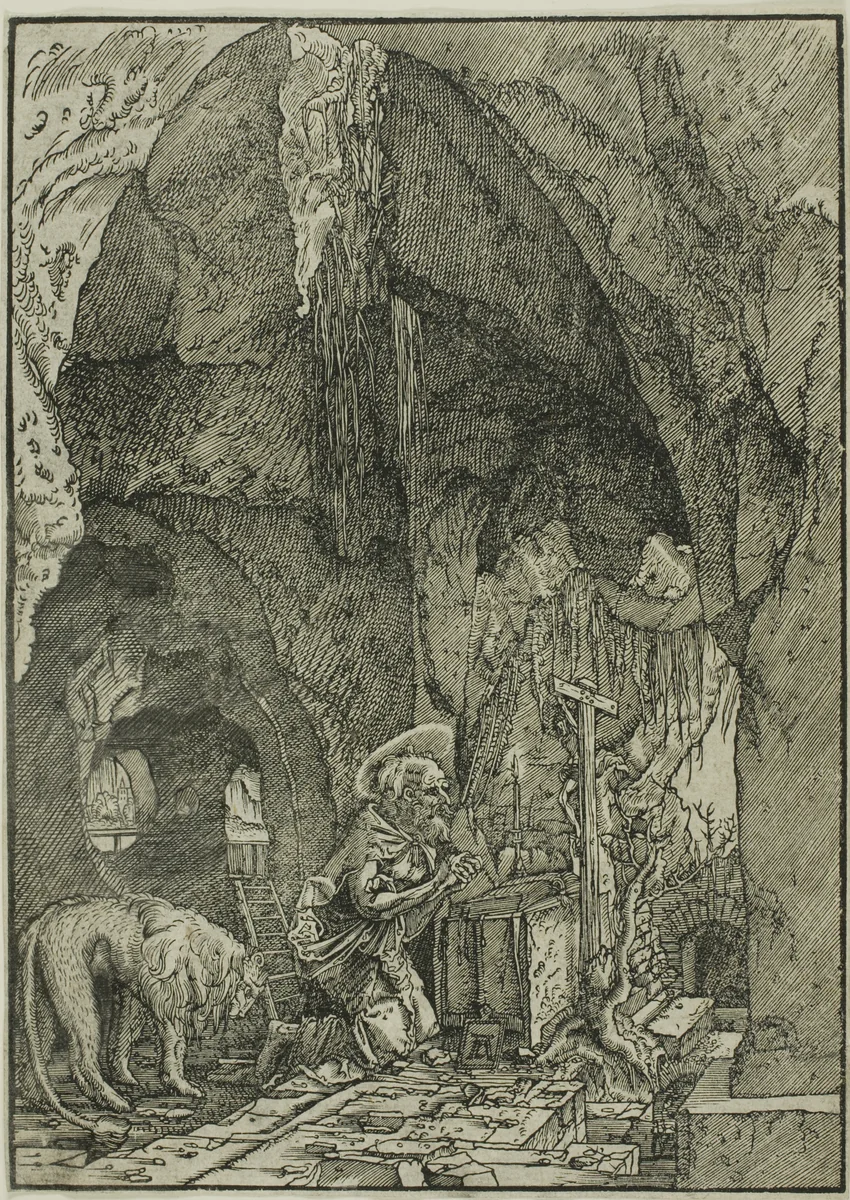Saint Jerome in Penitence, in a Cave by Albrecht Altdorfer, print, 1500-1538