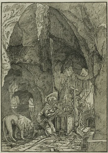 Saint Jerome in Penitence, in a Cave by Albrecht Altdorfer, print, 1500-1538