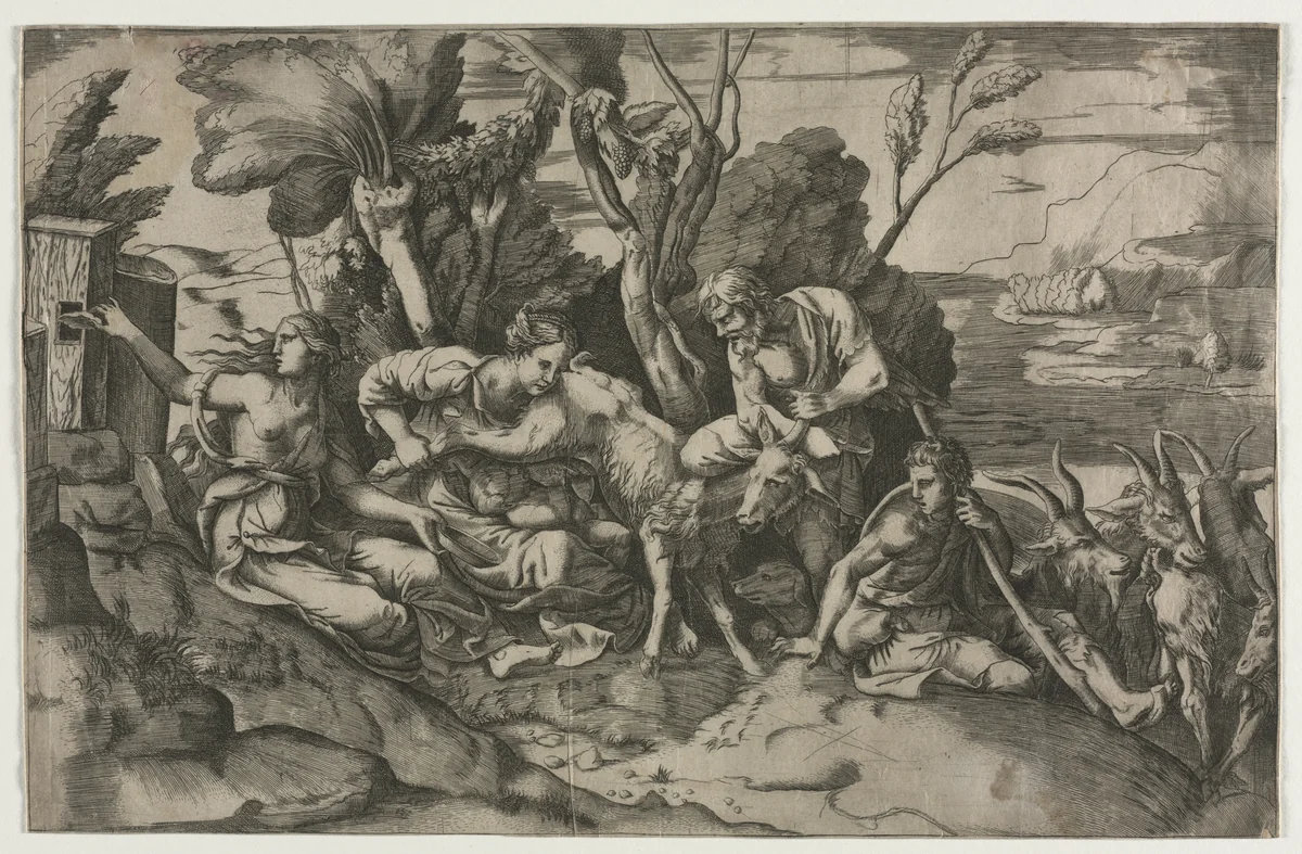 Jupiter Suckled by the Goat Amalthea by Giulio Bonasone, print, 1530-1570