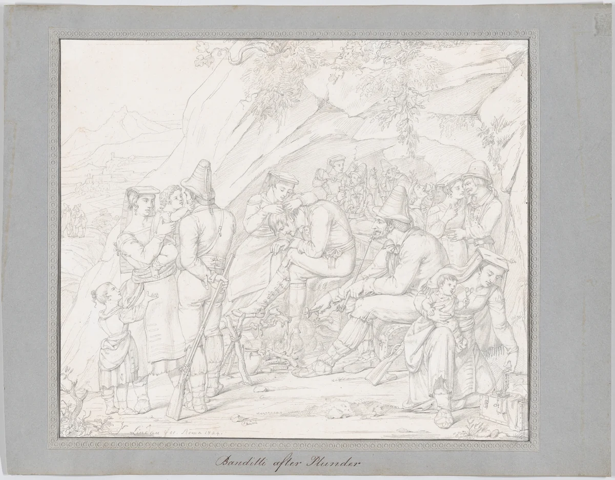 A Group of Roman Bandits with Their Families and Companions after a Robbery by Dietrich Wilhelm Lindau, drawing, 1824