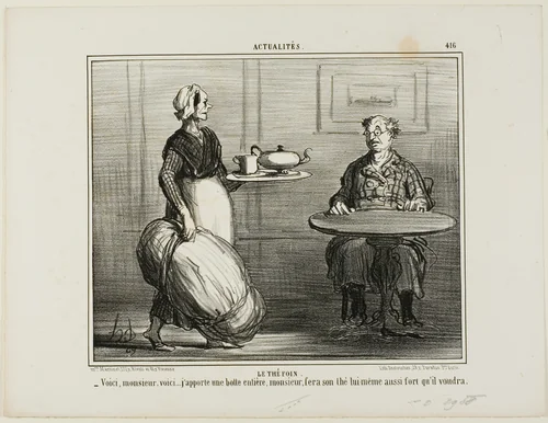 Herbal Tea. “- Here you are, Monsieur, I thought I'd bring along the entire pack of hay so you can decide yourself about the strength of your tea,” plate 416 from Actualités by Honoré-Victorin Daumier, print, 1857
