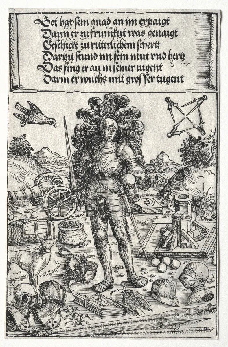 The Triumphal Arch of Maximilian I: Emperor Maximilian as Patron of Improvements in Artillery and Armor by Wolf Traut, print, 1515-1517