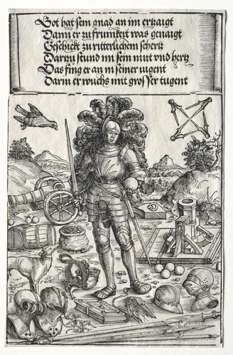 The Triumphal Arch of Maximilian I: Emperor Maximilian as Patron of Improvements in Artillery and Armor by Wolf Traut, print, 1515-1517