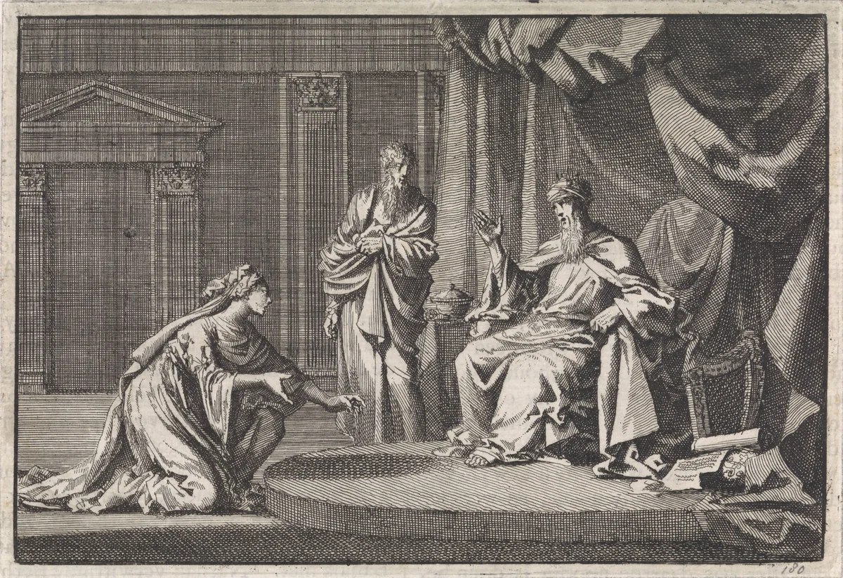Bathseba knielt voor David by Jan Luyken, print, 1704