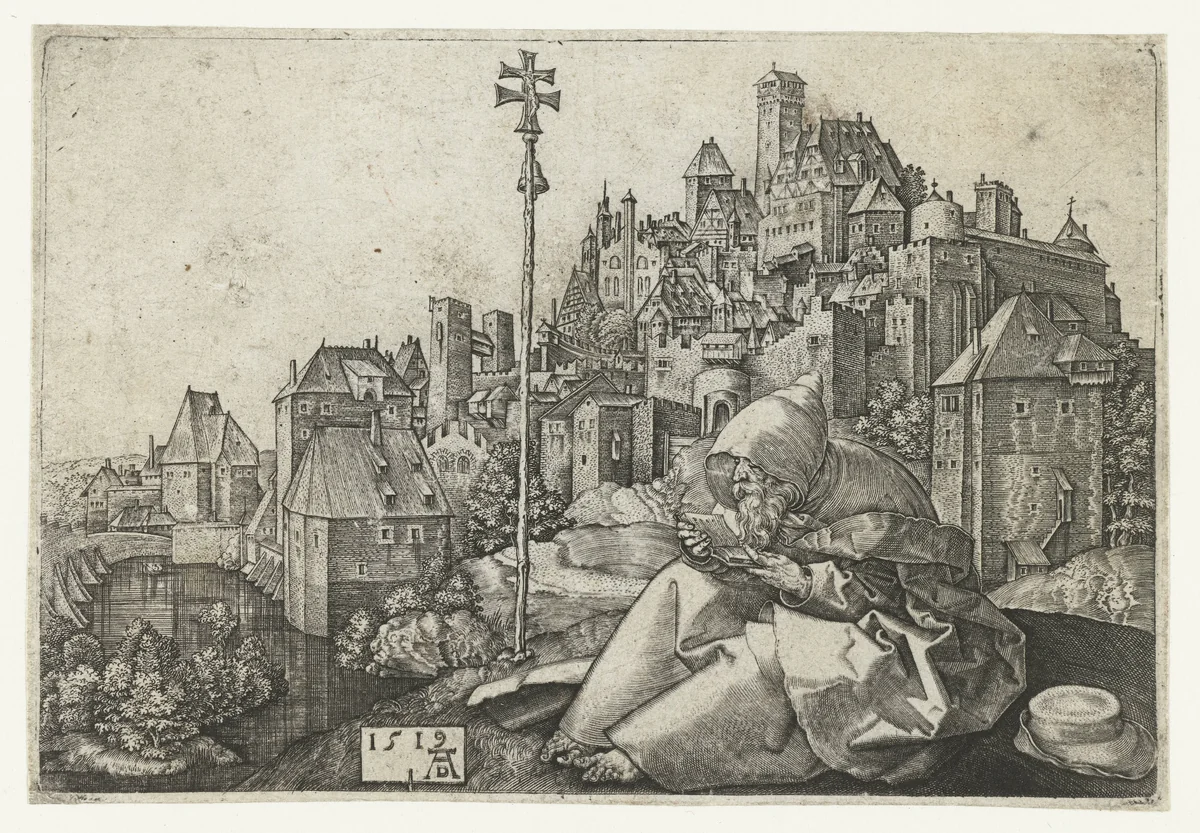 De Heilige Antonius voor een stad by anonymous, print, 1519