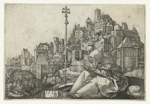 De Heilige Antonius voor een stad by anonymous, print, 1519
