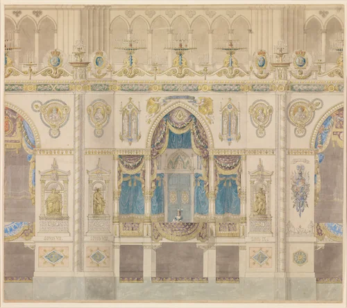 Elevation of Reims Cathedral with the Royal Box for the Coronation of Louis XVIII by Charles Percier, drawing, 1815