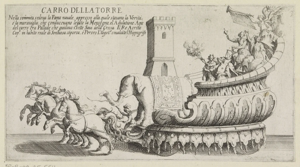 Triomfwagen van het Sienese district Torre by Bernardino Capitelli, print, 1632-1640